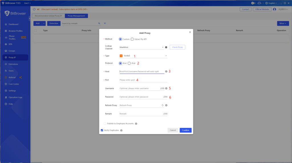 A screenshot of the Bit Browser Add Proxy