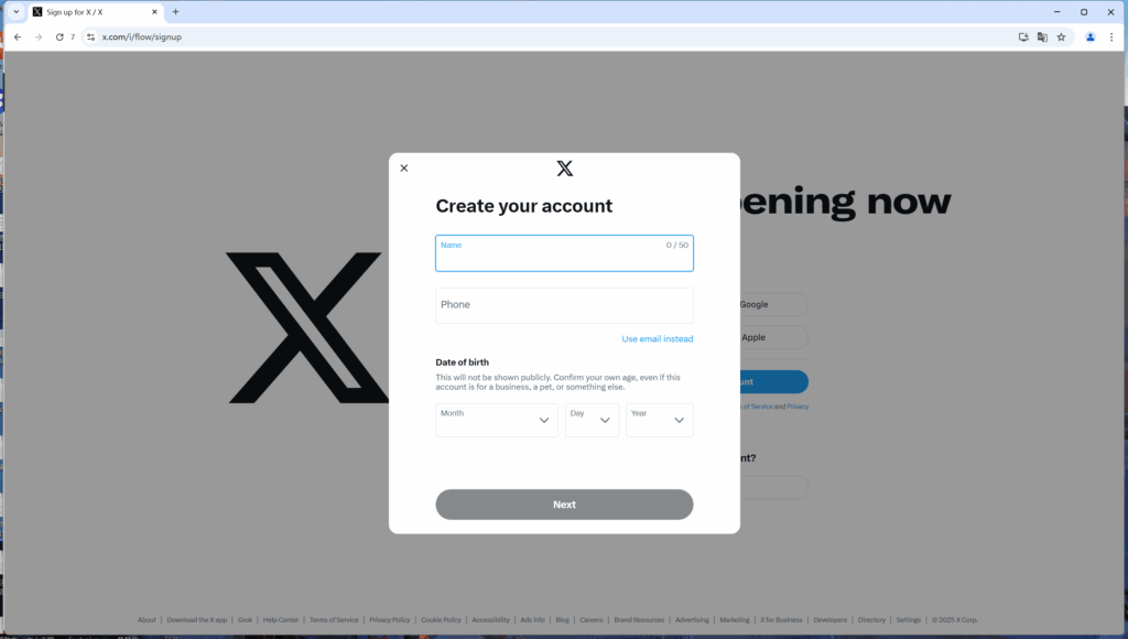 Screenshot of Twitter Create Your Account page