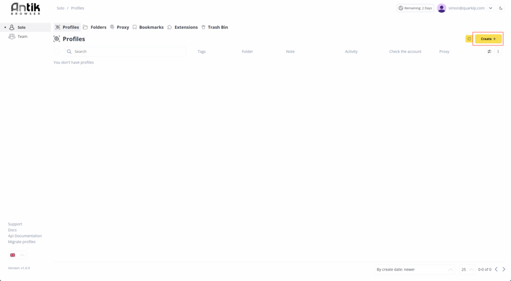 Antik Browser Profiles Screenshot