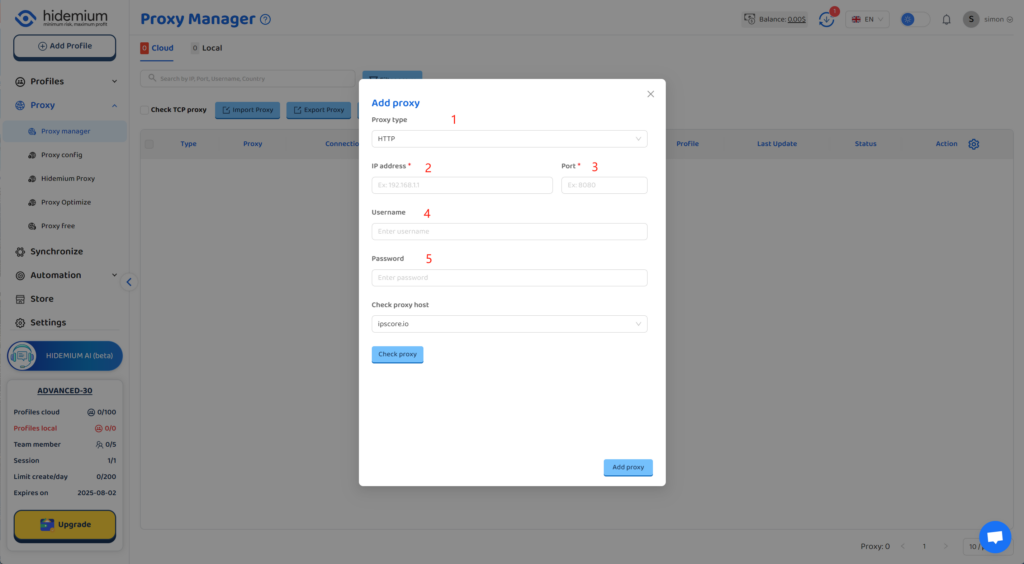 Hidemium add proxy screenshot