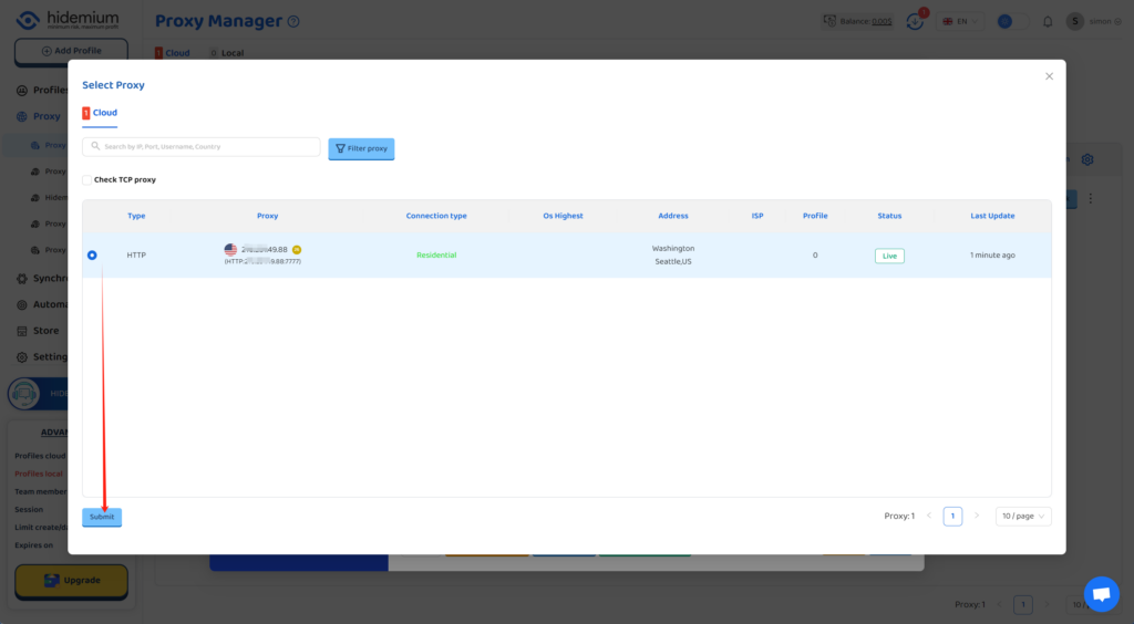 Hidemium select  proxy screenshot