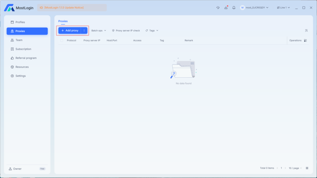 MostLogin Proxies page screenshot