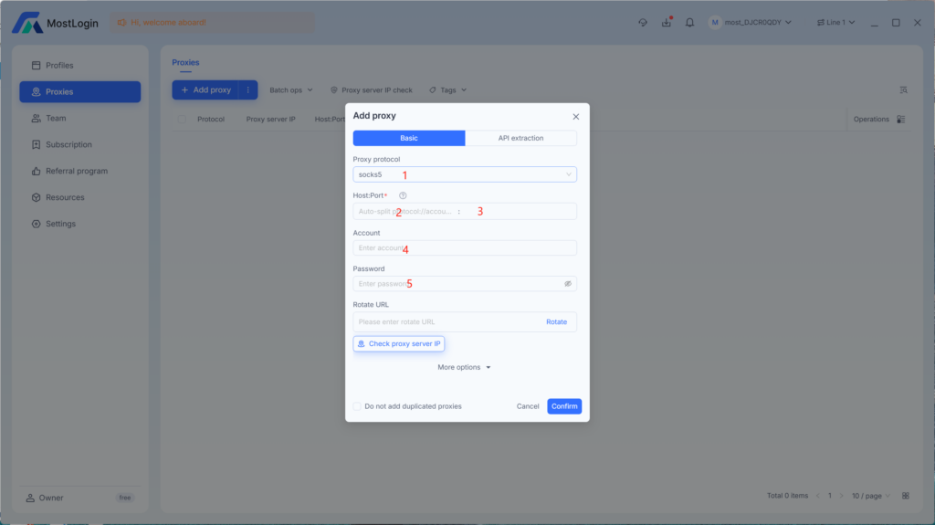 MostLogin add proxy screenshot
