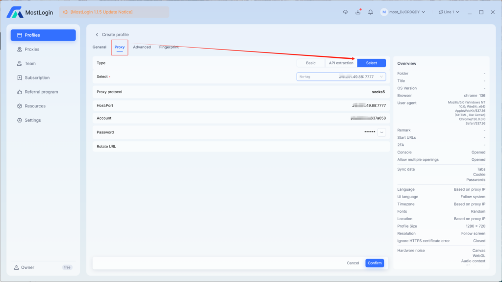 MostLogin create profile screenshot