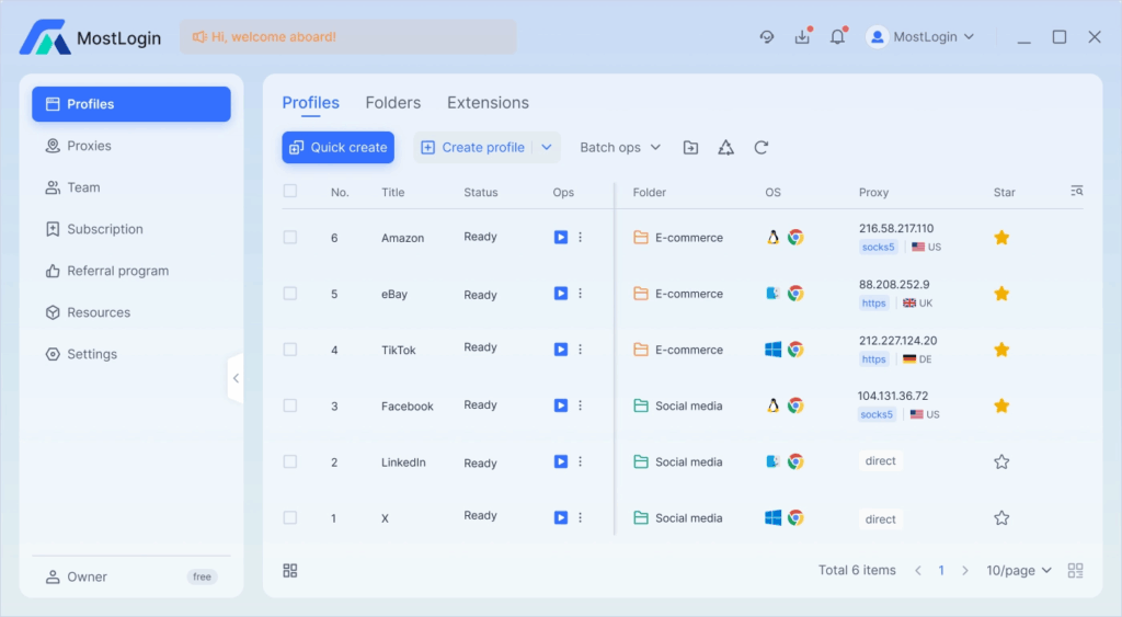 MostLogin Profiles page Screenshot
