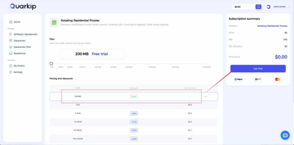 200MB of proxy bandwidth for free