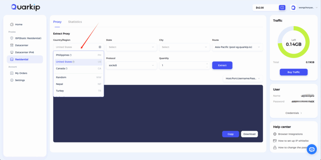 QuarkIP Residential Extract Proxies Page