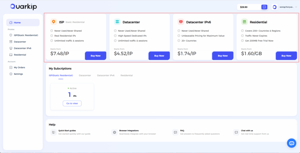 QuarkIP Dashboard page