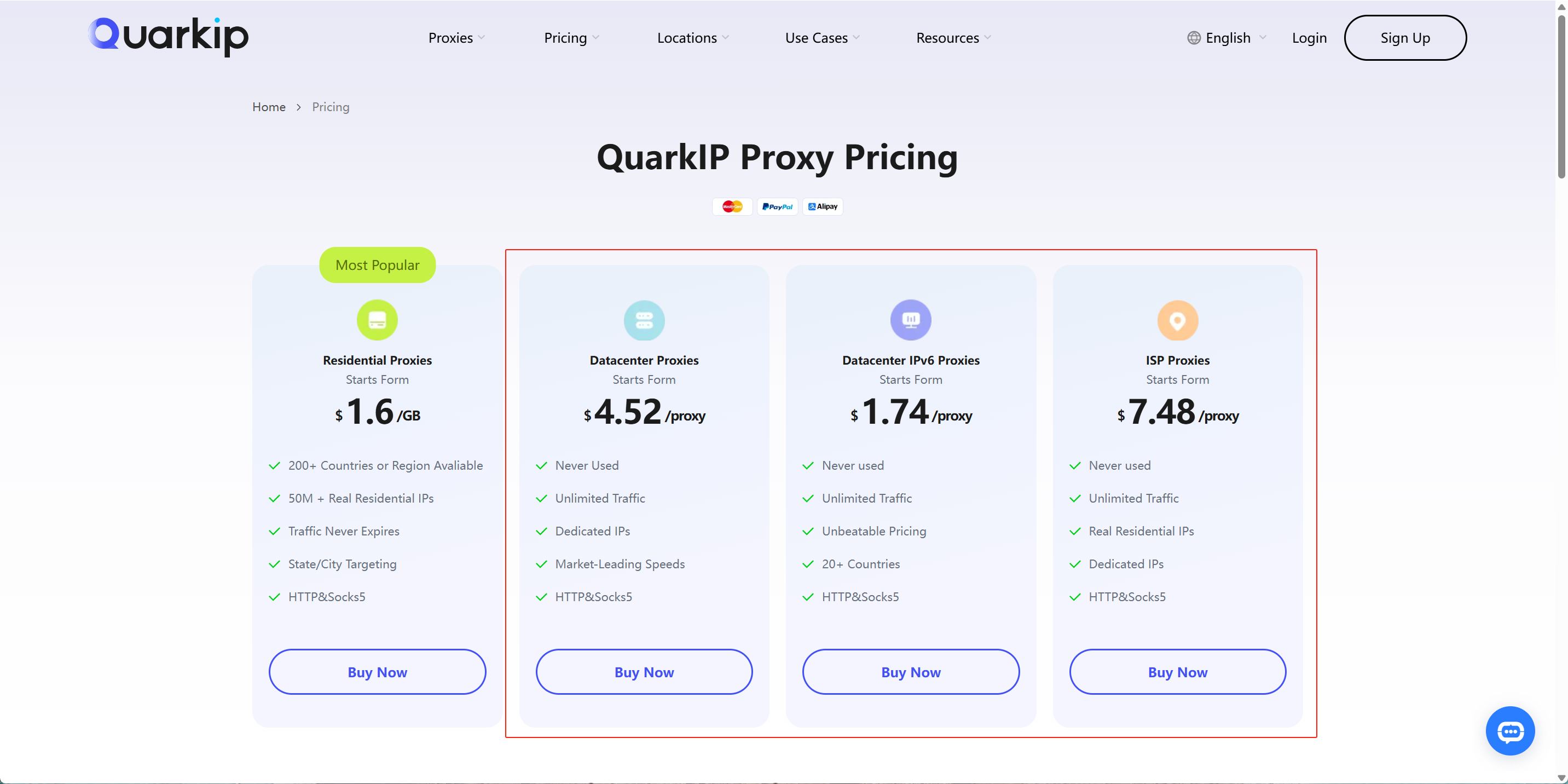 QuarkIP Proxy Pricing Screenshot