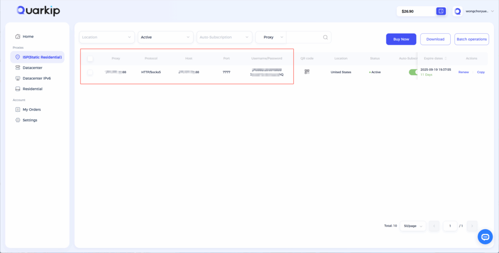 Get your QuarkIP proxy credentials