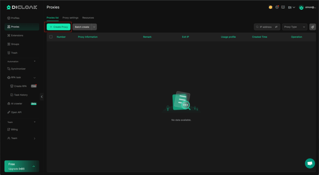DICloak Proxies Page